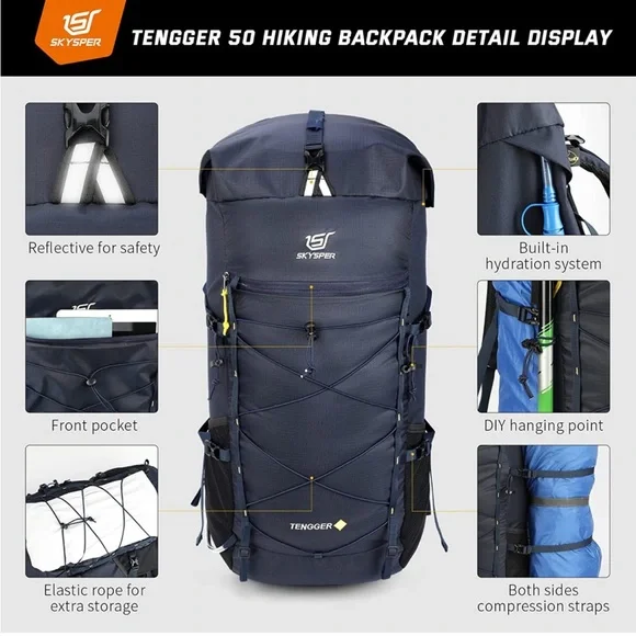 BRAND NEW SKYSPER HIKING BACKPACK BLUE LIGHT WEIGHT WATERPROOF 50L/60L UNISEX - Picture 4 of 6